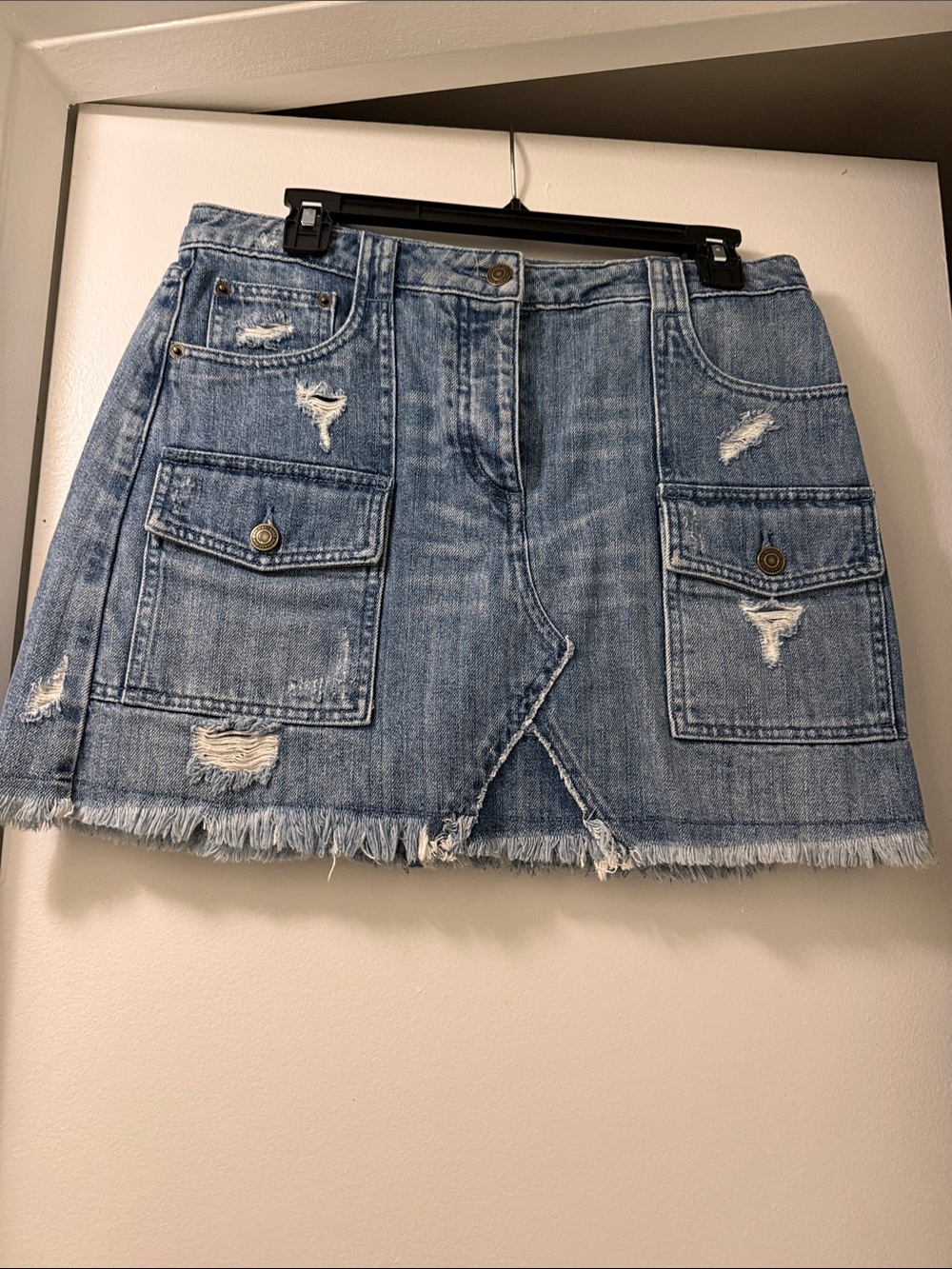 Distressed Blue Denim Mini Skirt with Front Patch Pockets Michael Kors